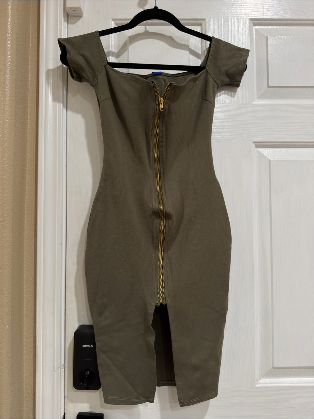 Olive Off-Shoulder Zip-Front Midi Dress
